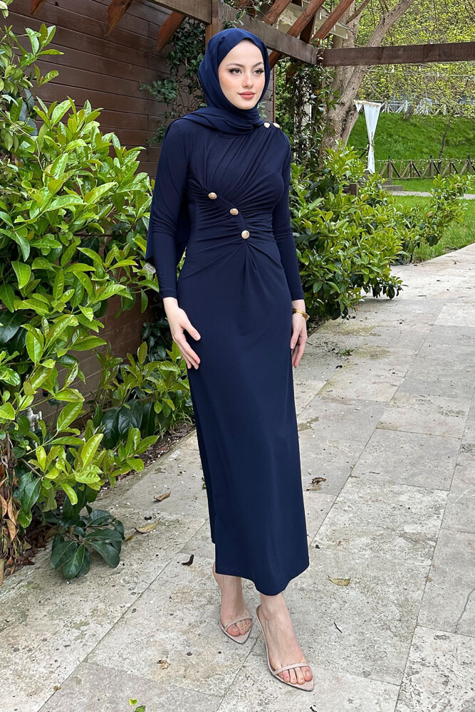 Nessa Gold Düğmeli Elbise - Lacivert - 4