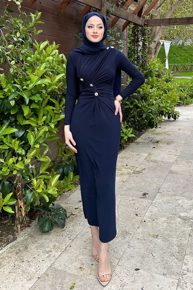 Nessa Gold Düğmeli Elbise - Lacivert - 1