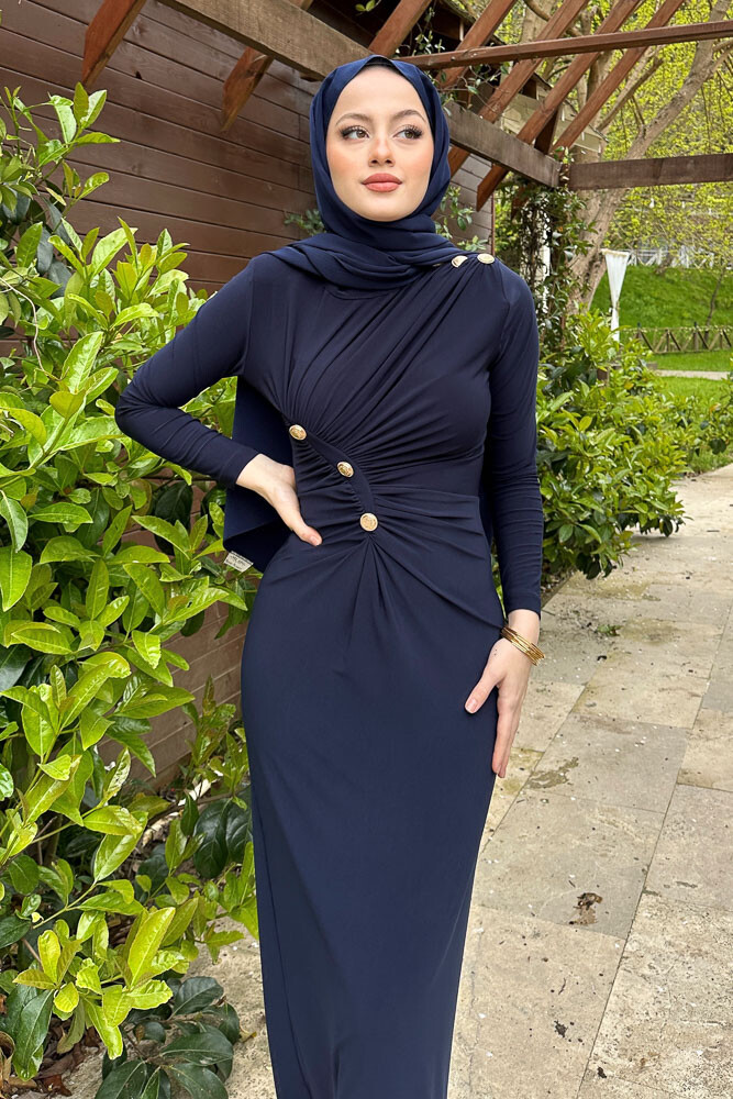 Nessa Gold Düğmeli Elbise - Lacivert - 5