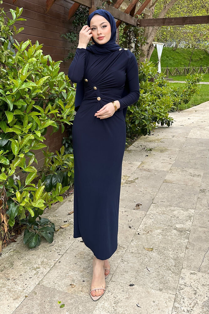 Nessa Gold Düğmeli Elbise - Lacivert - 8
