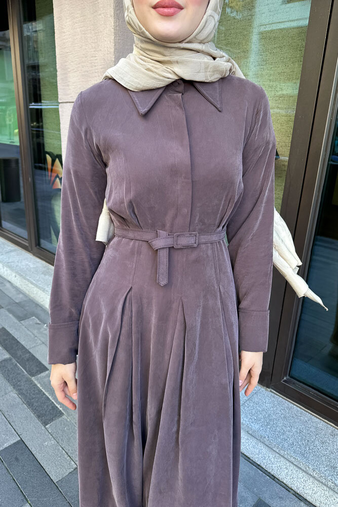 Nilla Yakalı Kemerli Elbise - Kahverengi - HEWES (4)