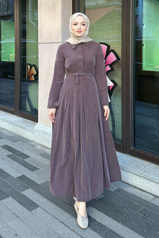 Nilla Yakalı Kemerli Elbise - Kahverengi - 6