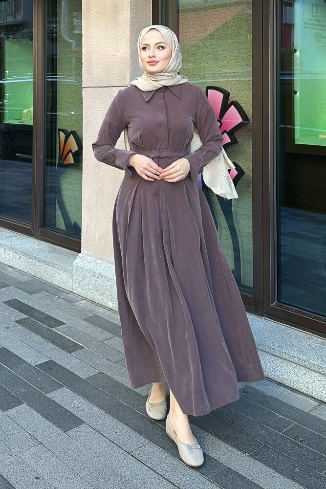 Nilla Yakalı Kemerli Elbise - Kahverengi - 3