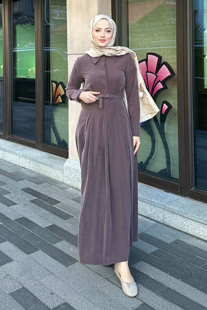 Nilla Yakalı Kemerli Elbise - Kahverengi - HEWES (3)