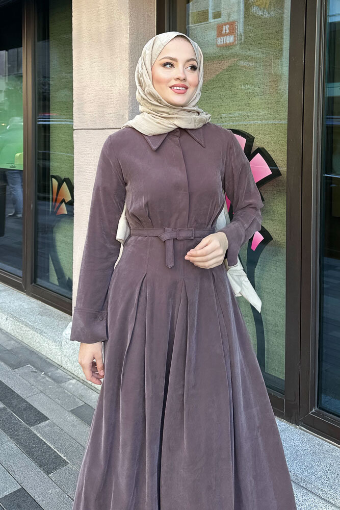 Nilla Yakalı Kemerli Elbise - Kahverengi - 2
