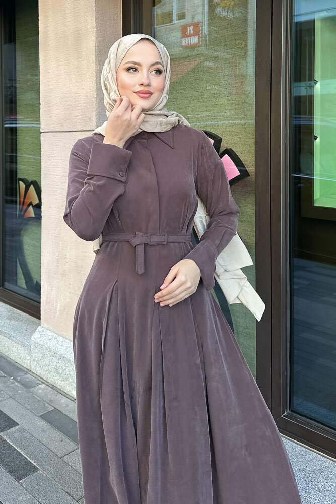 Nilla Yakalı Kemerli Elbise - Kahverengi - 7