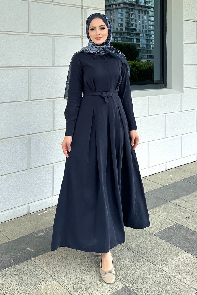 Nilla Yakalı Kemerli Elbise - Lacivert - 1