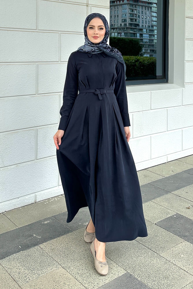 Nilla Yakalı Kemerli Elbise - Lacivert - 4