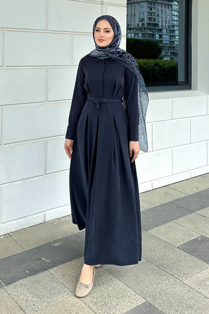 Nilla Yakalı Kemerli Elbise - Lacivert - 2