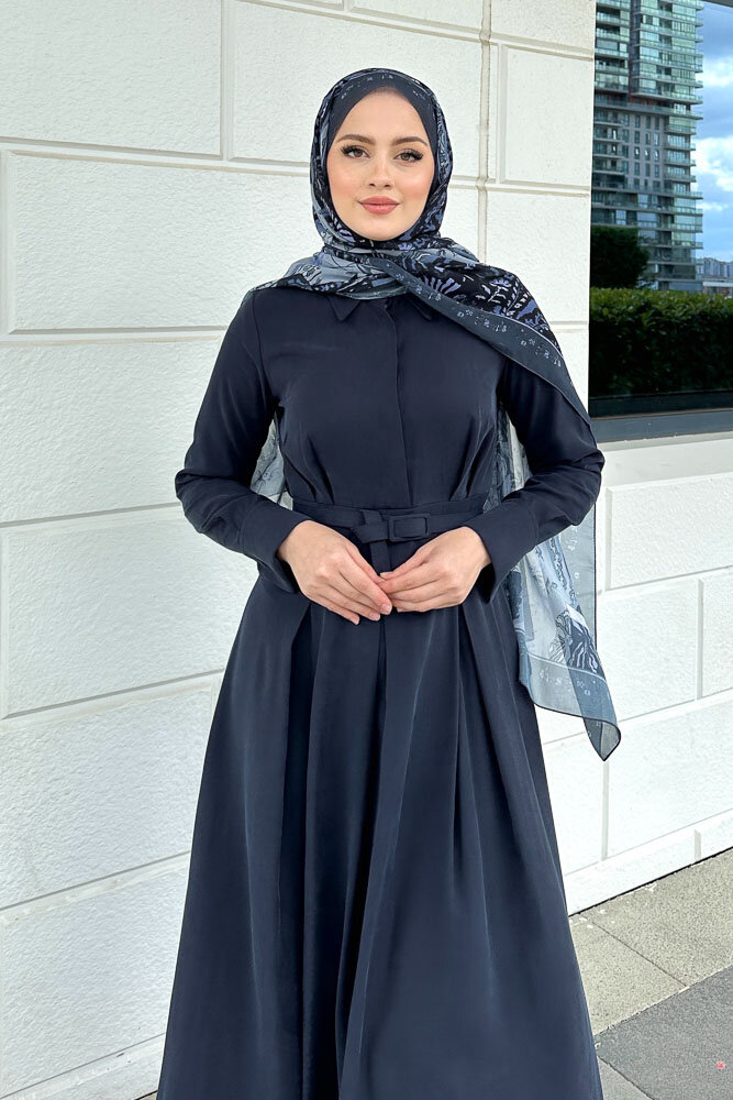 Nilla Yakalı Kemerli Elbise - Lacivert - 5