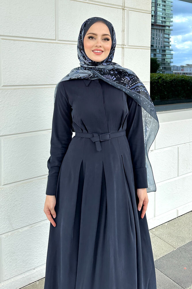 Nilla Yakalı Kemerli Elbise - Lacivert - 3