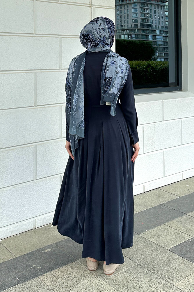 Nilla Yakalı Kemerli Elbise - Lacivert - 8