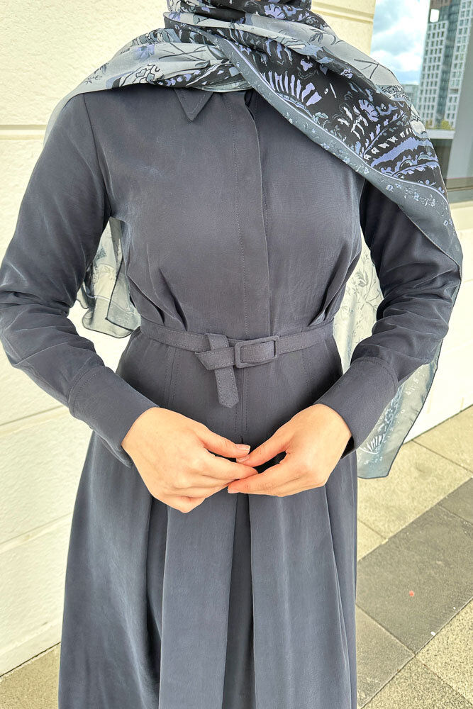 Nilla Yakalı Kemerli Elbise - Lacivert - 6