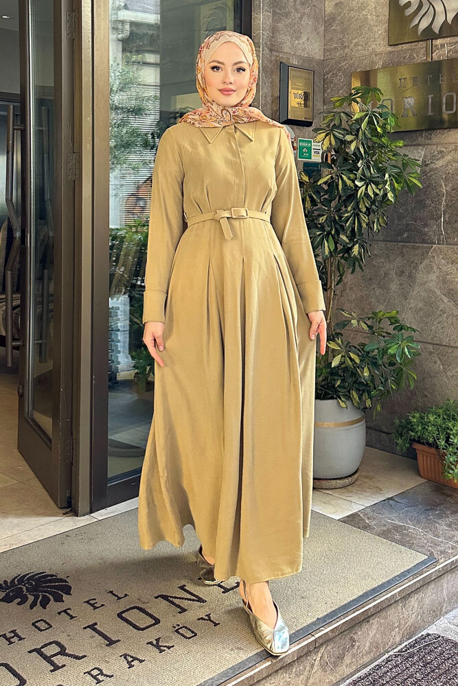 Nilla Yakalı Kemerli Elbise - Yağ Yeşili - 3