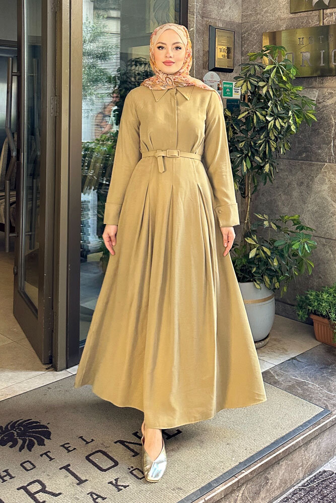 Nilla Yakalı Kemerli Elbise - Yağ Yeşili - 1