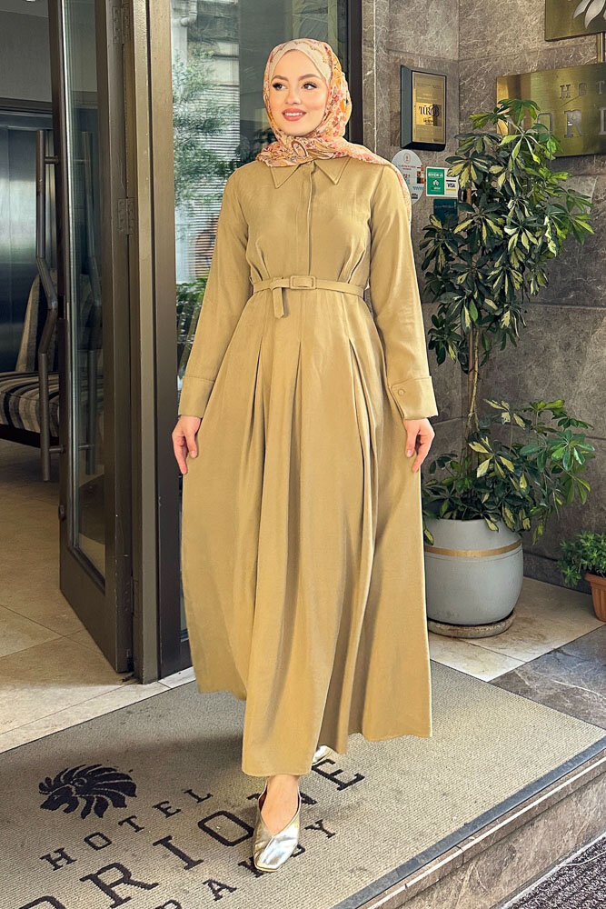 Nilla Yakalı Kemerli Elbise - Yağ Yeşili - HEWES (3)