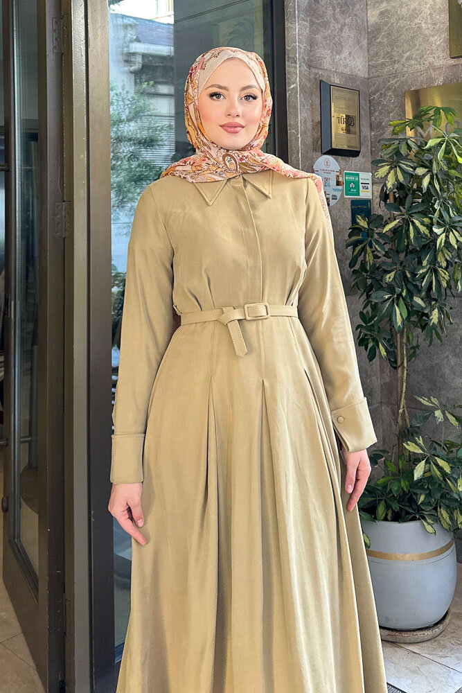 Nilla Yakalı Kemerli Elbise - Yağ Yeşili - HEWES (4)