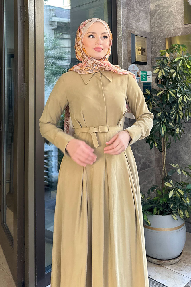 Nilla Yakalı Kemerli Elbise - Yağ Yeşili - HEWES (1)