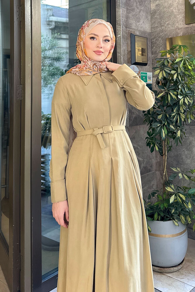 Nilla Yakalı Kemerli Elbise - Yağ Yeşili - 6