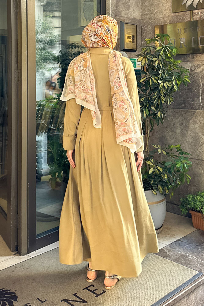 Nilla Yakalı Kemerli Elbise - Yağ Yeşili - 7