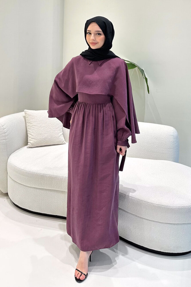 Noemi Pelerinli Elbise - Mürdüm - 8