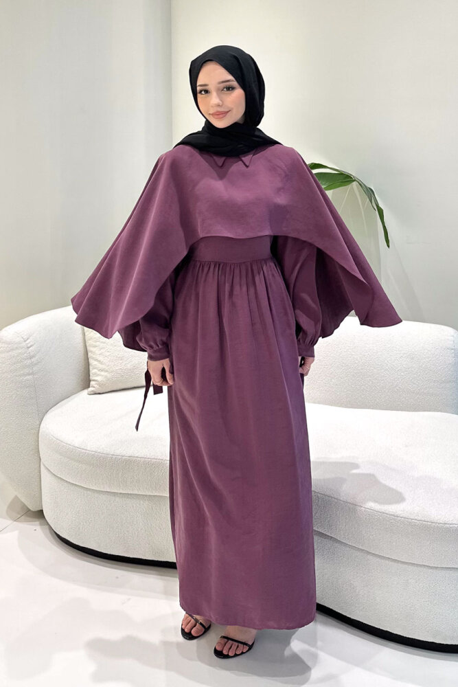 Noemi Pelerinli Elbise - Mürdüm - LİNE (1)