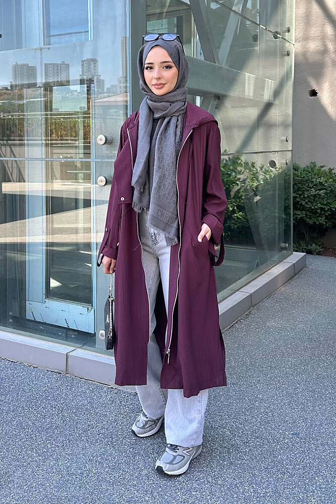 Nora Kapüşonlu Fermuarlı Kap - Mürdüm - PUANE (4)