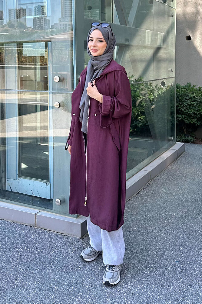 Nora Kapüşonlu Fermuarlı Kap - Mürdüm - PUANE (0)