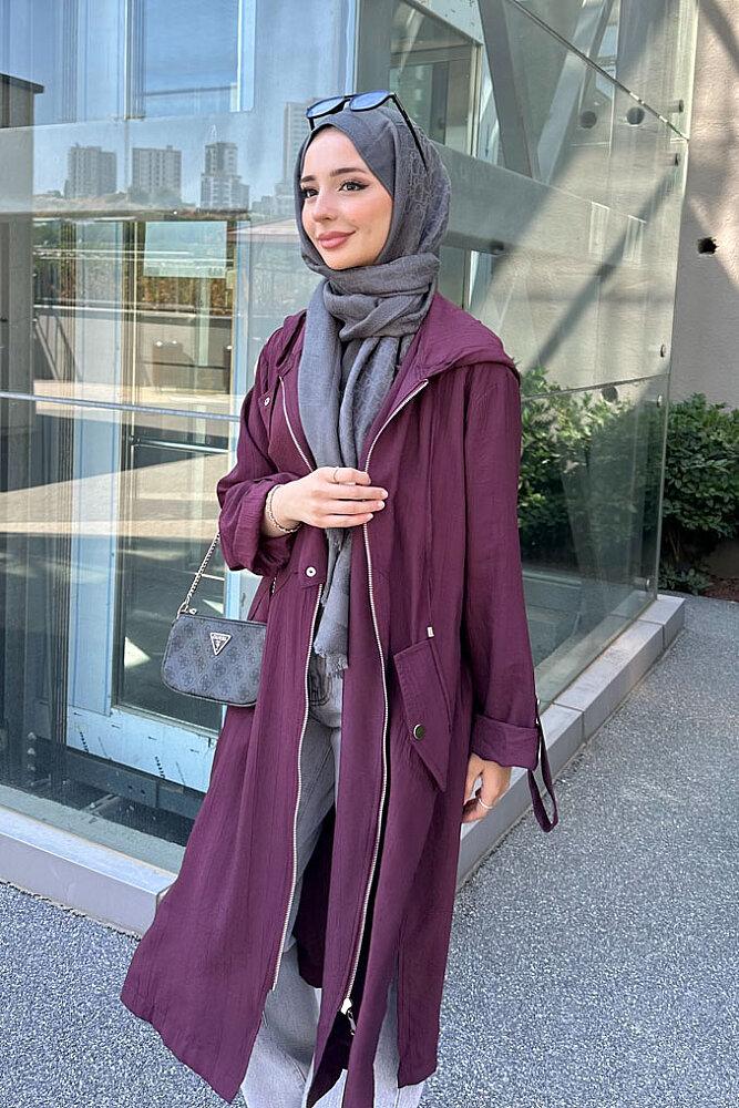 Nora Kapüşonlu Fermuarlı Kap - Mürdüm - PUANE (2)