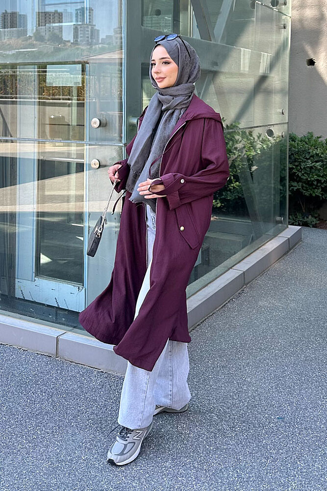 Nora Kapüşonlu Fermuarlı Kap - Mürdüm - 7