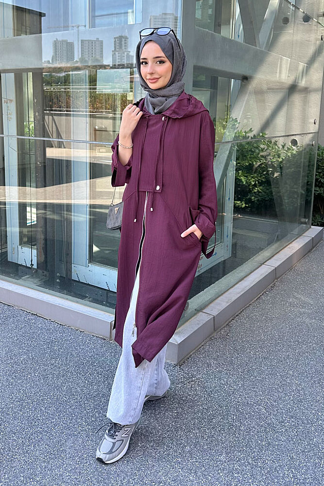 Nora Kapüşonlu Fermuarlı Kap - Mürdüm - 8