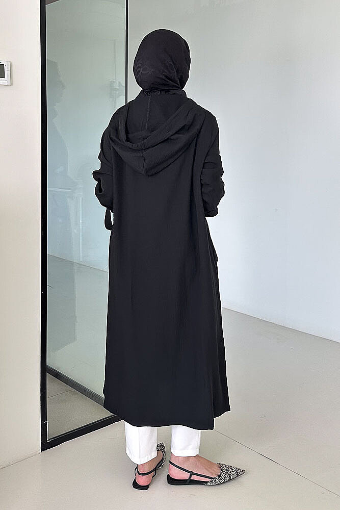 Nora Kapüşonlu Fermuarlı Kap - Siyah - (5)