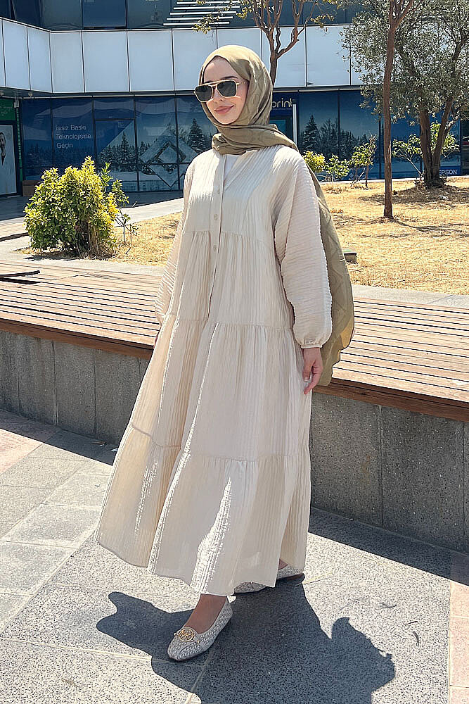 Nouva Piliseli Kırınkıl Elbise - Bej - 1