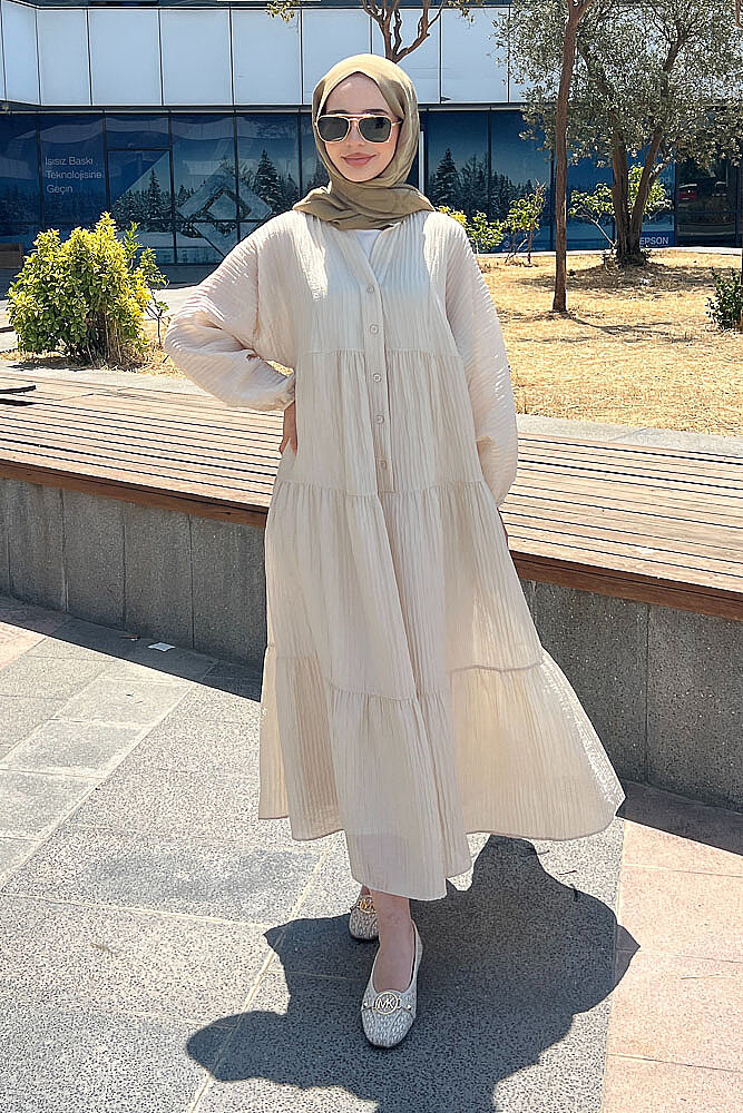 Nouva Piliseli Kırınkıl Elbise - Bej - 3