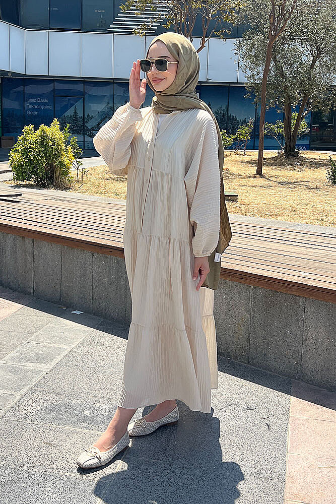 Nouva Piliseli Kırınkıl Elbise - Bej - 5