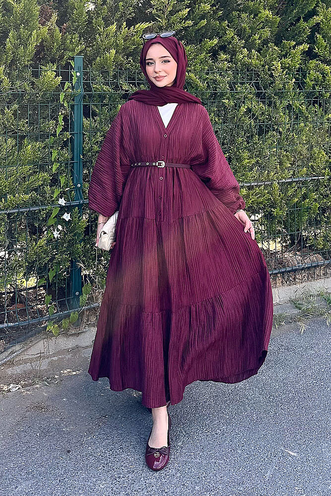 Nouva Piliseli Kırınkıl Elbise - Bordo - PUANE (0)