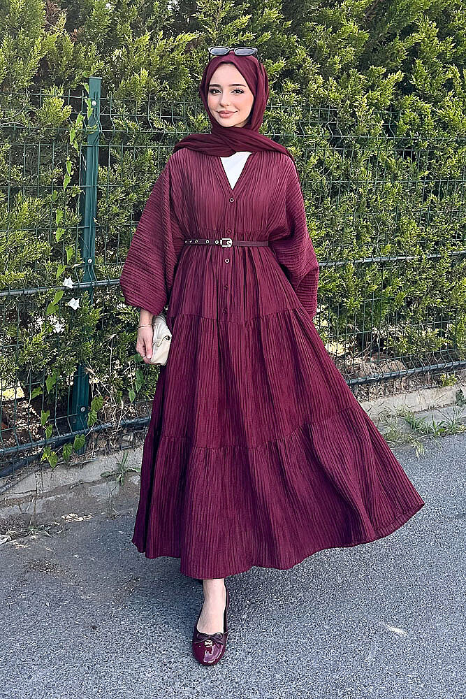 Nouva Piliseli Kırınkıl Elbise - Bordo - PUANE (1)