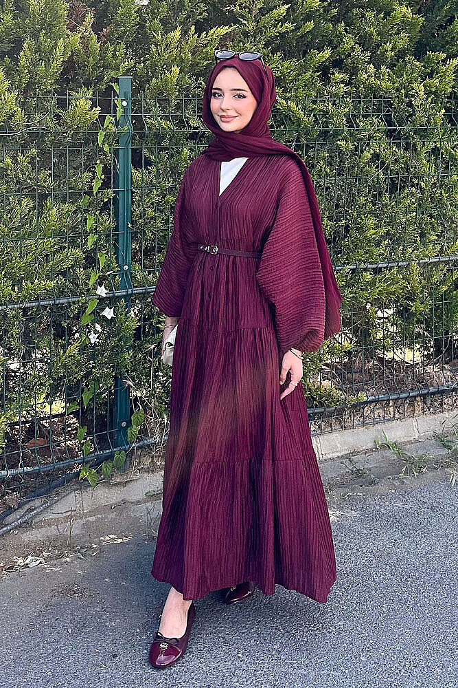 Nouva Piliseli Kırınkıl Elbise - Bordo - 5