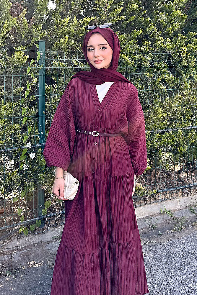 Nouva Piliseli Kırınkıl Elbise - Bordo - PUANE (2)