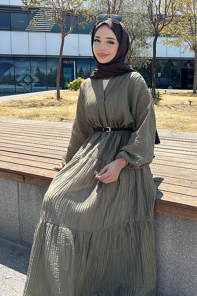 Nouva Piliseli Kırınkıl Elbise - Haki - 1