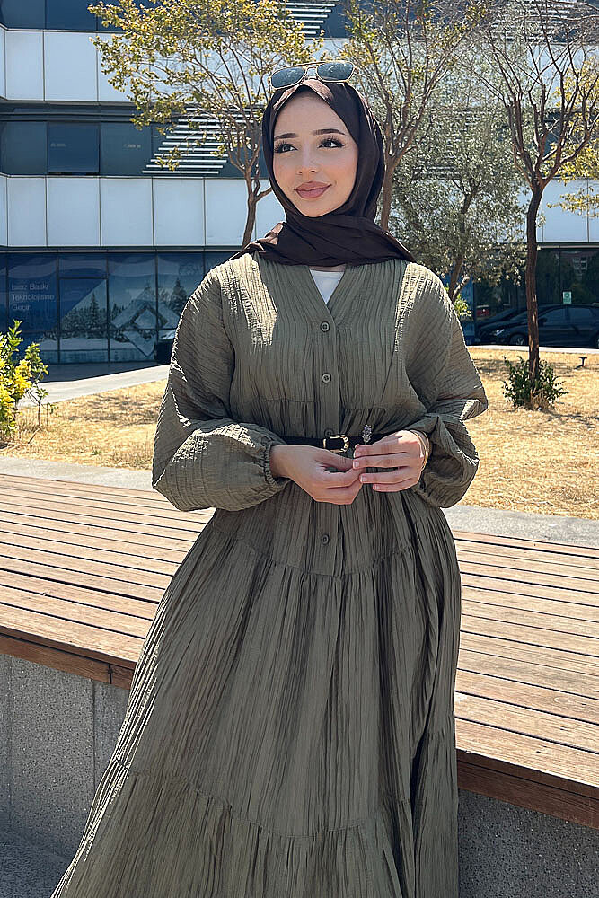 Nouva Piliseli Kırınkıl Elbise - Haki - 7