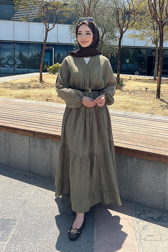 Nouva Piliseli Kırınkıl Elbise - Haki - 8