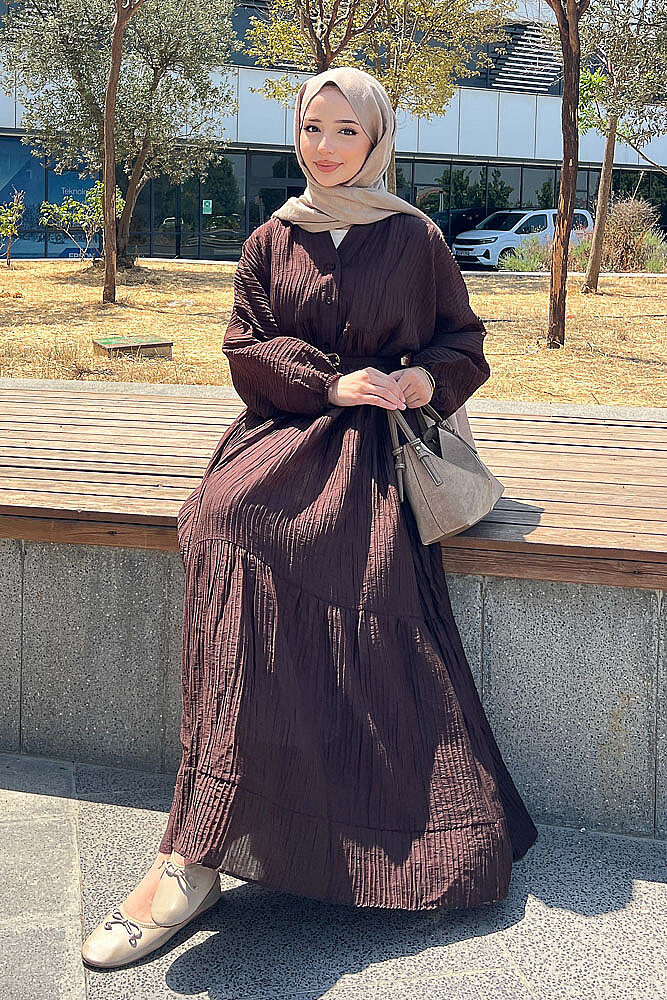 Nouva Piliseli Kırınkıl Elbise - Kahverengi - 1