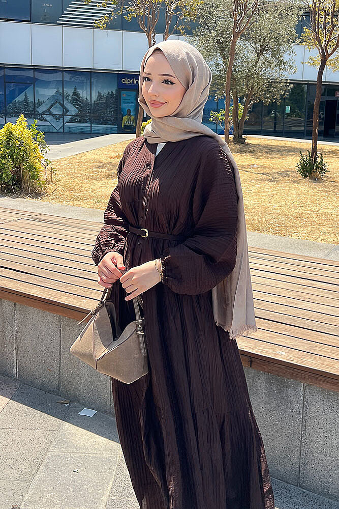 Nouva Piliseli Kırınkıl Elbise - Kahverengi - 7