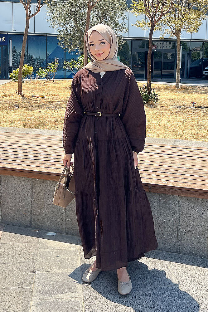 Nouva Piliseli Kırınkıl Elbise - Kahverengi - 3
