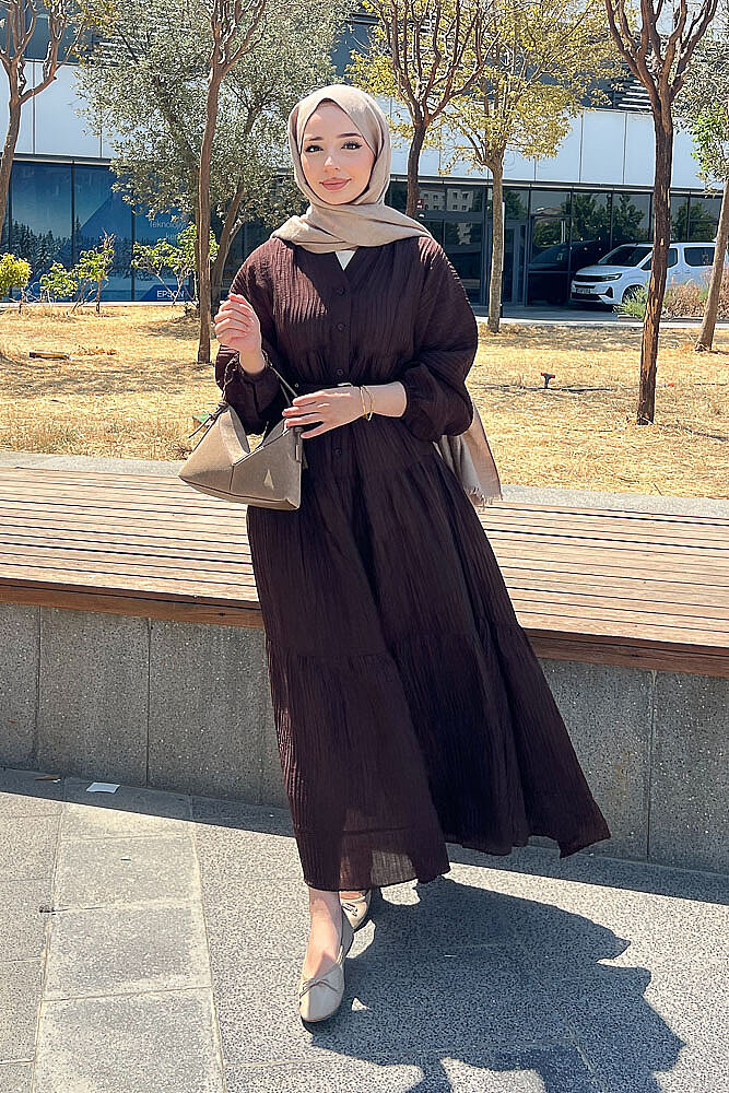 Nouva Piliseli Kırınkıl Elbise - Kahverengi - PUANE (4)
