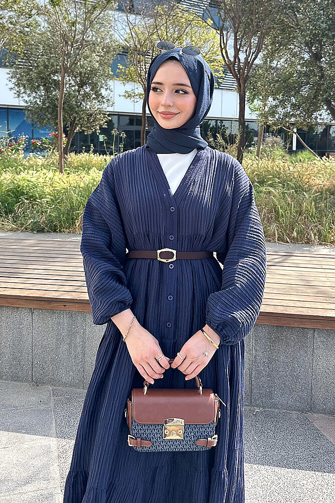 Nouva Piliseli Kırınkıl Elbise - Lacivert - 6
