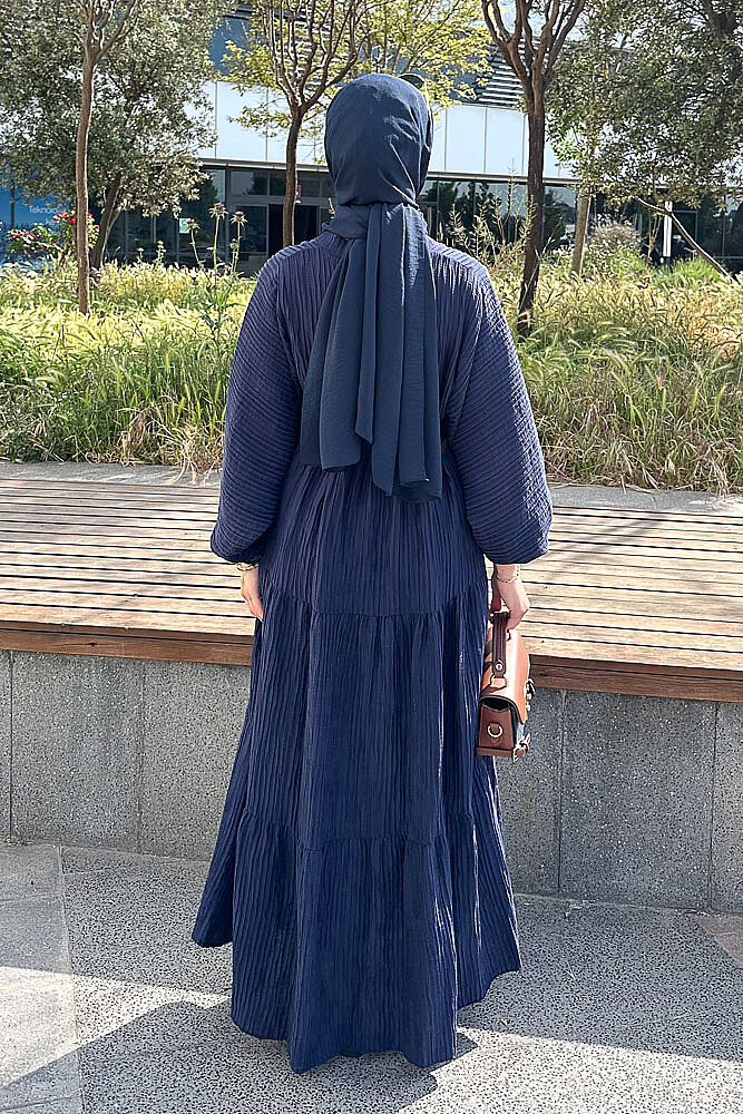 Nouva Piliseli Kırınkıl Elbise - Lacivert - 8