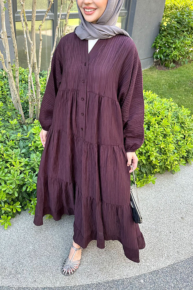 Nouva Piliseli Kırınkıl Elbise - Mürdüm - 4