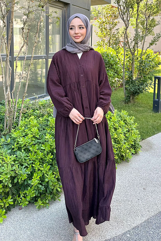 Nouva Piliseli Kırınkıl Elbise - Mürdüm - PUANE (4)